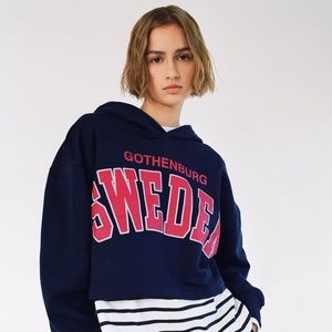 Zara VARSITY HOODED SWEATSHIRT NAVY BLUE